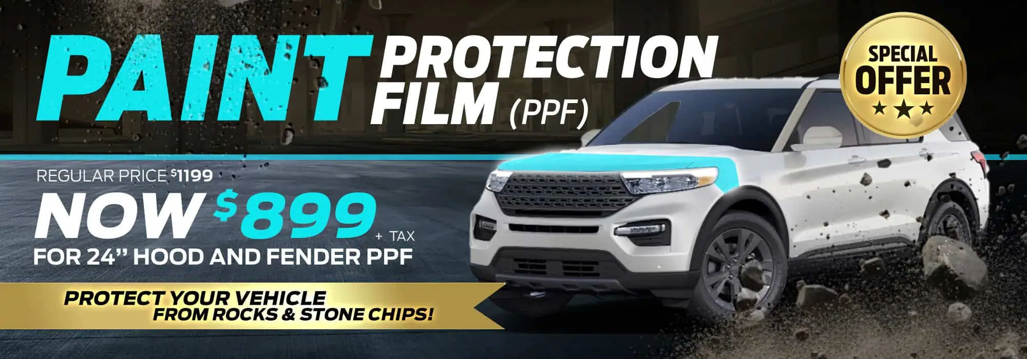 Scratch-resistant paint protection film for Ford vehicles, featured in a promotional ad.
